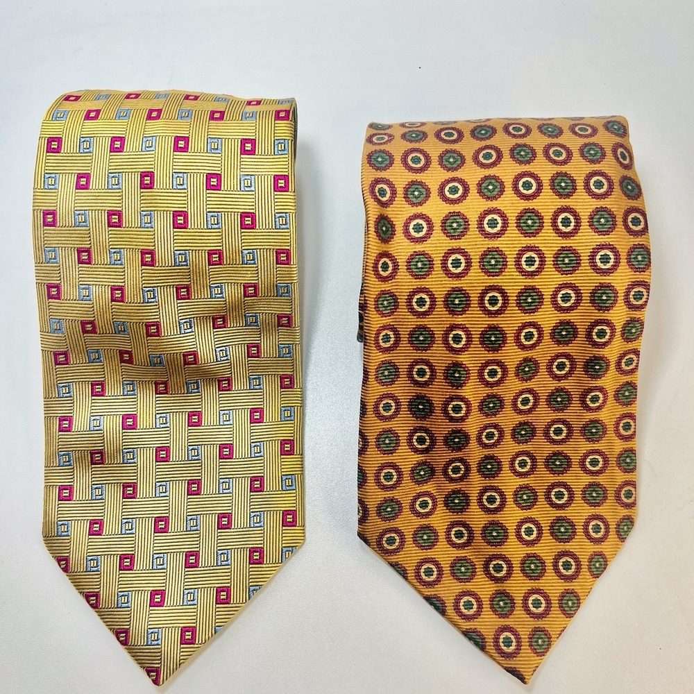 Lot of 2 Brooks Brothers Makers Silk Neck Tie - Geometric Gold Mustard Yellow
